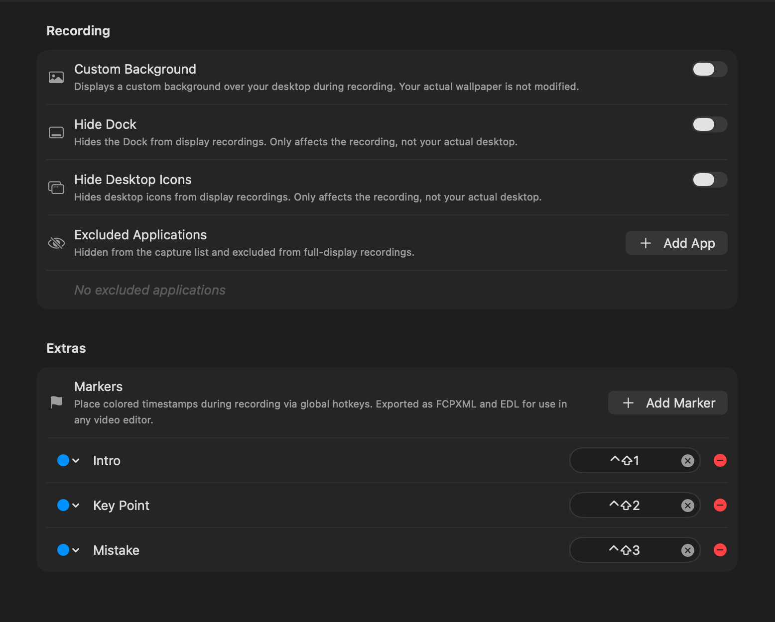 Layiso's extras panel with custom background, hide dock and desktop icon options, and three hotkey markers named Intro, Key Point, and Mistake