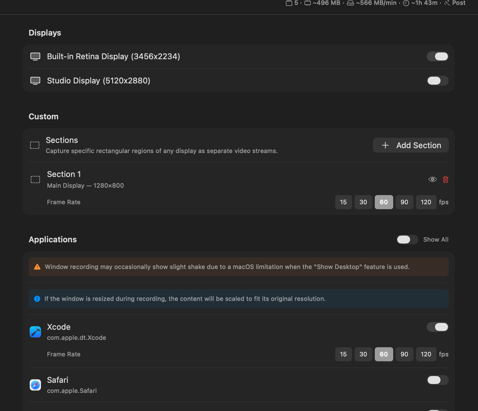 Layiso's source picker showing two displays, a custom capture region with per-stream frame rate options, and application windows for Xcode and Safari, each with its own recording toggle