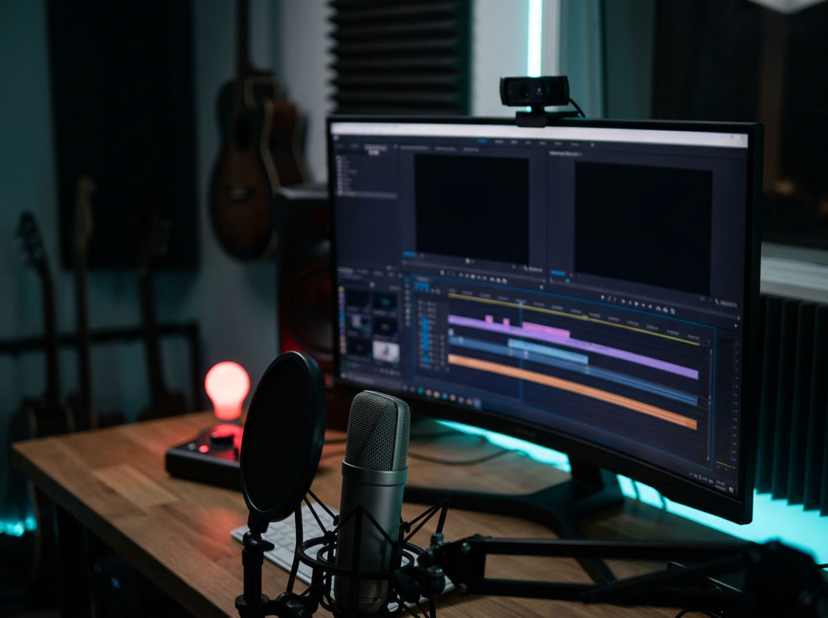 A dark recording studio desk with a Mac display showing a multi-track editing timeline, a condenser microphone, and a webcam with a red recording light